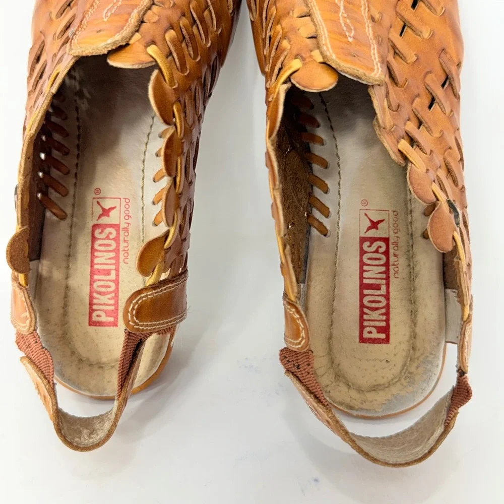 Pikolinos Woven Leather Slingback Wedge Shoes Tan Artisan Handcrafted EU 37